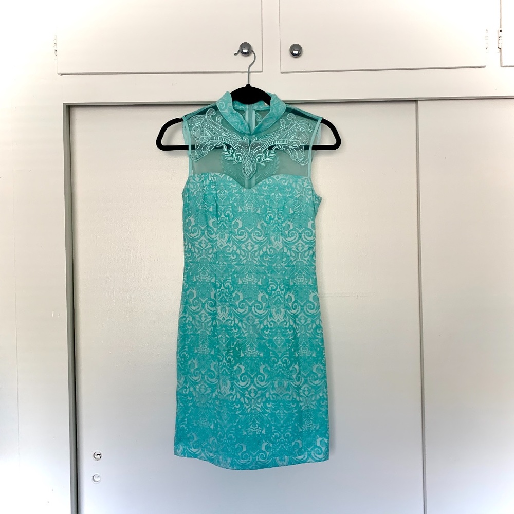 Light Blue Mandarin Collar Style Coctail Dress